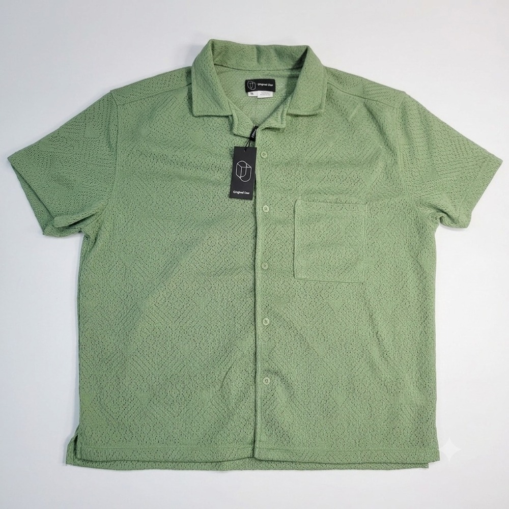 Original Use Mens XL Green Crochet Knit Short Sleeve Button Down Shirt New